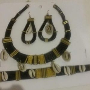 Cowry Shell, Brass & Leather Necklace Set